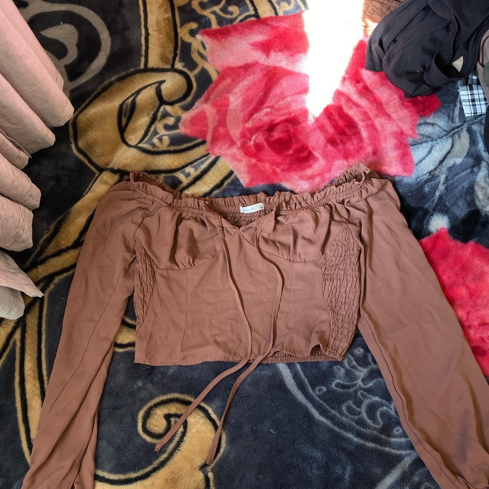 Brown Off-Shoulder Long Sleeve Top